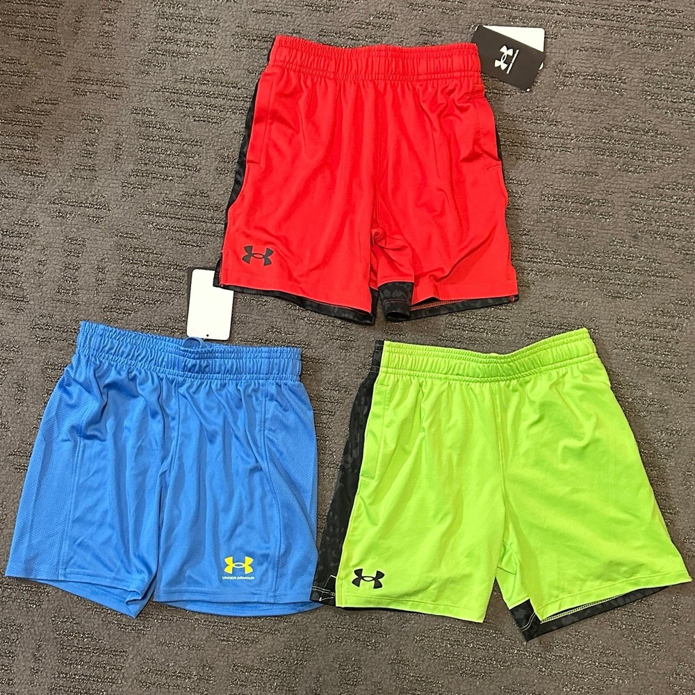 Under Armour Boys Athletic Dri-Fit Shorts Youth XS Bundle Red Blue Green NWT
